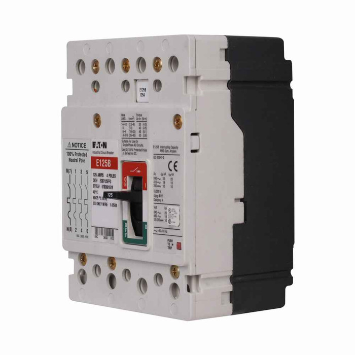 Eaton EGE7063FFG Series G molded case circuit breaker, EG-frame, EG, Fixed thermal and magnetic trips, Four-pole, 63A, 600Y/347 Vac, 35 kAIC at 240 Vac, 25 kAIC at 480 Vac, 18 kAIC at 600Y/347 Vac, Line/load, Not UL rated, 50/60 Hz