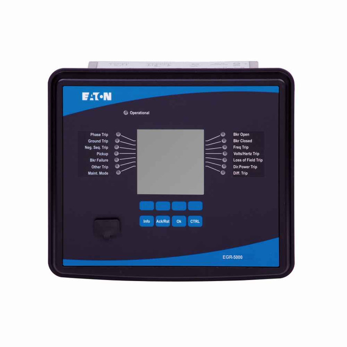 Eaton EGR-5000B1IA1 Generator Protection Relay, EGR-5000, 8 inputs, 9 outputs, Removable terminals, 5A/1A phase current, 0.50A/0.10A ground current, 40-250 Vac, 19-300 Vdc, Modbus-RTU + Modbus-TECP, Projection mount, 2AI, 2AO, zone interlock, URTD in