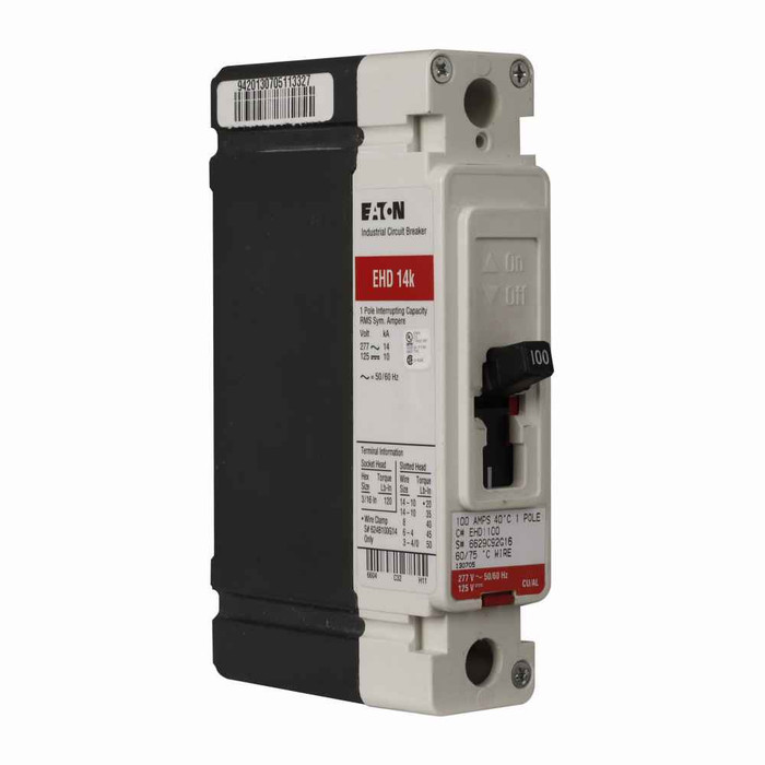 Eaton EHD1025L Series C complete molded case circuit breaker, F-frame, EHD, Complete breaker, Fixed thermal, fixed magnetic trip type, Single-pole, 25A, 18 kAIC at 240 Vac, 14 kAIC at 480 Vac, Line and load, 50/60 Hz