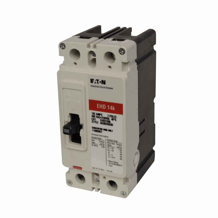 Eaton EHD2030VL Series C complete molded case circuit breaker, F-frame, EHD, Complete breaker, Fixed thermal, fixed magnetic trip type, Two-pole, 30A, 18 kAIC at 240 Vac, 14 kAIC at 480 Vac, Line and load, 50°C, 50/60 Hz