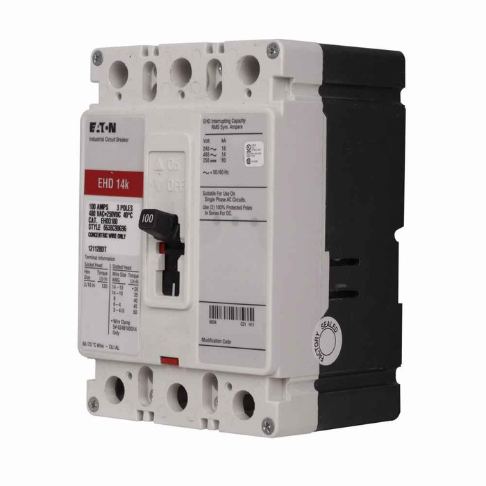 Eaton EHD3030LH08 Series C complete molded case circuit breaker, F-frame, EHD, Complete breaker, Fixed thermal, fixed magnetic trip type, Three-pole, 30A, 18 kAIC at 240 Vac, 14 kAIC at 480 Vac, Line and load, Marine, 50/60 Hz