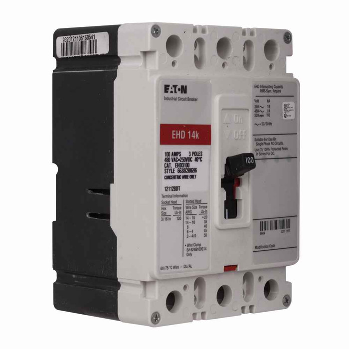 Eaton EHD3050VH09 Series C complete molded case circuit breaker, F-frame, EHD, Complete breaker, Fixed thermal, fixed magnetic trip type, Three-pole, 50A, 18 kAIC at 240 Vac, 14 kAIC at 480 Vac, Load side, Naval, 50°C, 50/60 Hz