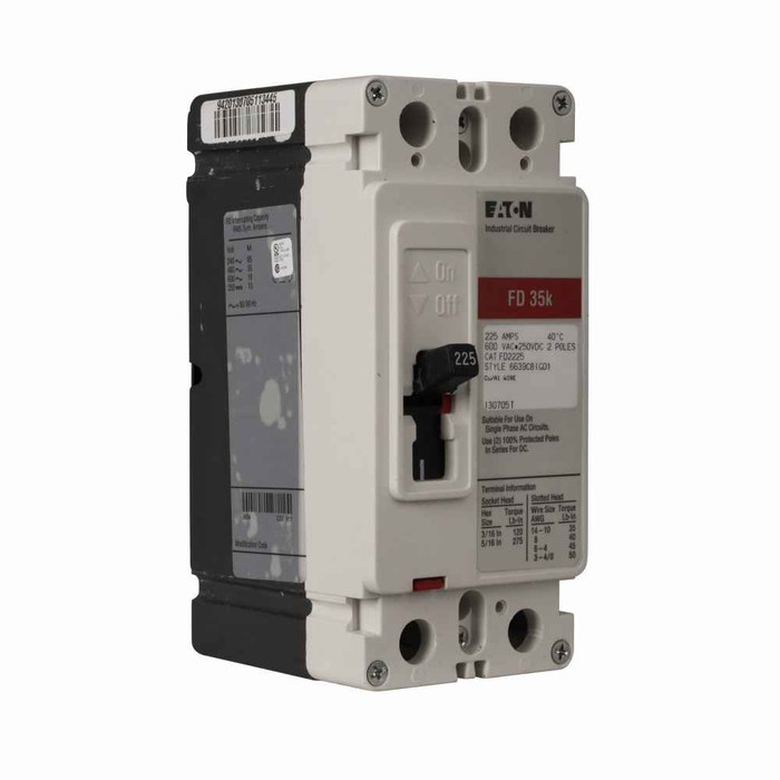 Eaton FD2100L Series C complete molded case circuit breaker, F-frame, FD, Complete breaker, Fixed thermal, fixed magnetic trip type, Two-pole, 100A, 600 Vac, 250 Vdc, 65 kAIC at 240 Vac, 35 kAIC at 480 Vac, Line and load, 50/60 Hz