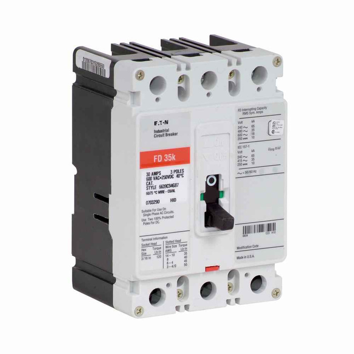 Eaton FD3200A10S22D01 Series C complete molded case circuit breaker, F-frame, FD, Fixed thermal and magnetic trips, Three-pole, 200A, 600 Vac, 250 Vdc, 65 kAIC at 240 Vac, 35 kAIC at 480 Vac, 48-127 Vac or 48-60 Vdc rear w/ right pigtail