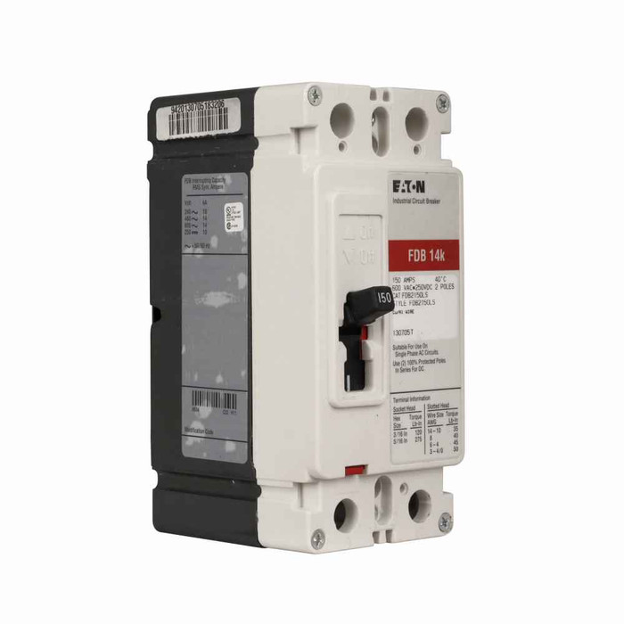 Eaton FDB2060 Series C complete molded case circuit breaker, F-frame, FDB, Complete breaker, Fixed thermal, fixed magnetic trip type, Two-pole, 60A, 600 Vac, 250 Vdc, 18 kAIC at 240 Vac, 14 kAIC at 480 Vac, Load side, 50/60 Hz