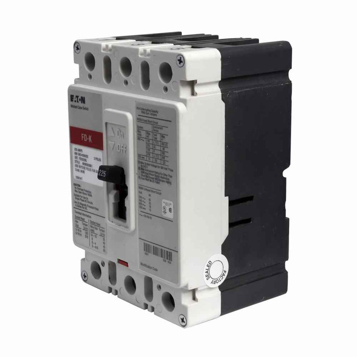 Eaton FD3225A02 Series C complete molded case circuit breaker, F-frame, FD, Fixed thermal, fixed magnetic trip, Three-pole, 225A, 600 Vac, 250 Vdc, 65 kAIC at 240 Vac, 35 kAIC at 480 Vac, Load side, 1A-1B rear with left pigtail, 50/60 Hz