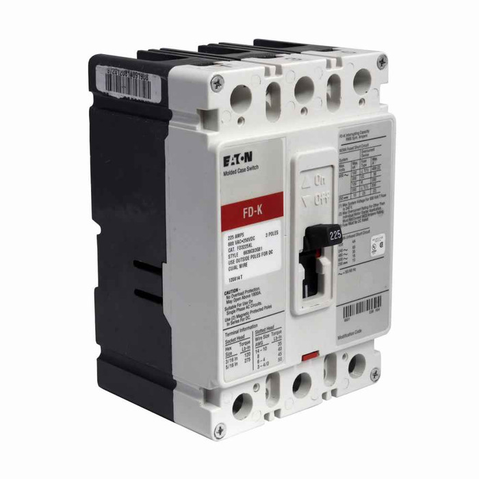 Eaton FD3225LA04 Series C complete molded case circuit breaker, F-frame, FD, Fixed thermal, fixed magnetic trip, Three-pole, 225A, 600 Vac, 250 Vdc, 65 kAIC at 240 Vac, 35 kAIC at 480 Vac, Line and load, 1A-1B same side left terminal, 50/60 Hz