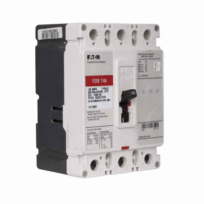 Eaton FDB3150VL Series C complete molded case circuit breaker, F-frame, FDB, Complete breaker, Fixed thermal, fixed magnetic trip, Three-pole, 150A, 600 Vac, 250 Vdc, 18 kAIC at 240 Vac, 14 kAIC at 480 Vac, Line and load, 50°C, 50/60 Hz