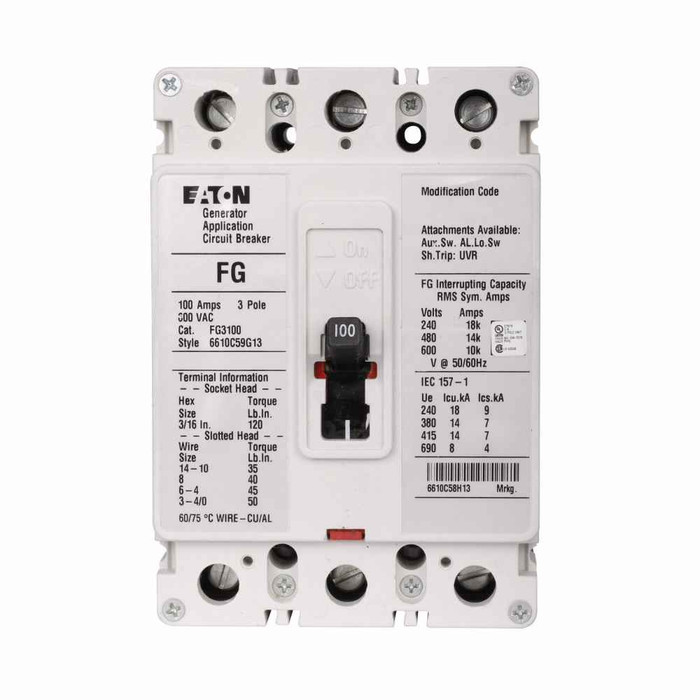 Eaton FG3035WA12D05S03Z04 Series C complete molded case circuit breaker, F-frame, FG, Fixed thermal and magnetic trips, Three-pole, 35A, 600 Vac, 18 kAIC at 240 Vac, 14 kAIC at 480 Vac, 12-24 Vac/dc opposite side w/ left pigtail, Reverse, 60 Hz, KPR1