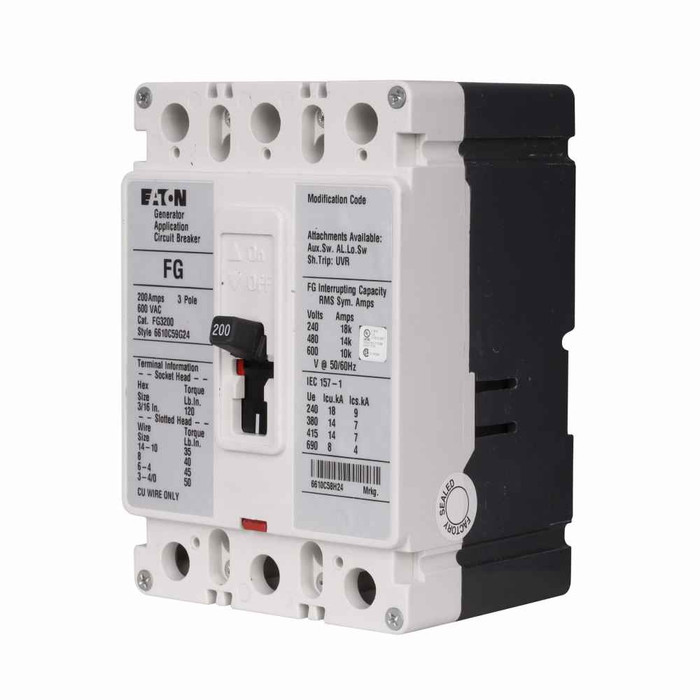 Eaton FG3175WD05Z05 Series C complete molded case circuit breaker, F-frame, FG, Fixed thermal and magnetic trips, Three-pole, 175A, 600 Vac, 18 kAIC at 240 Vac, 14 kAIC at 480 Vac, Line side end cap, optional load side, Reverse, 60 Hz, KPR1AM