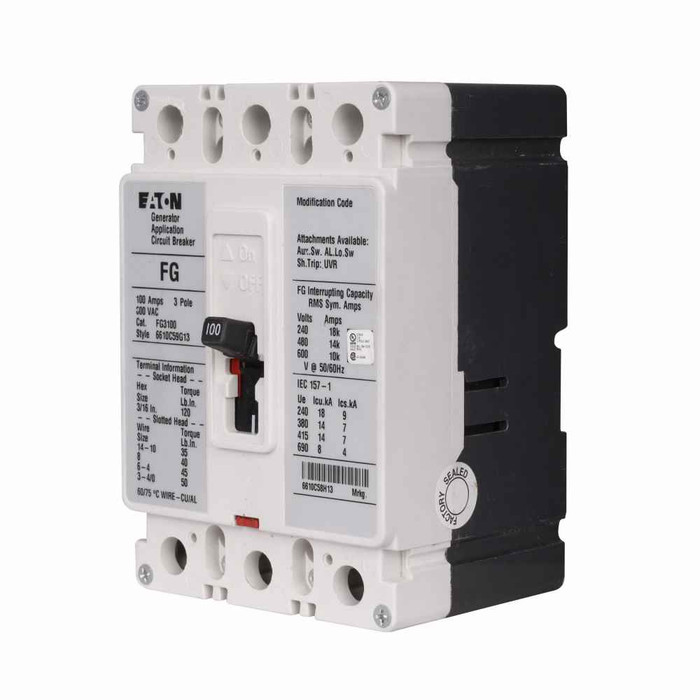 Eaton FG3060S17 Series C complete molded case circuit breaker, F-frame, FG, Fixed thermal and magnetic trips, Three-pole, 60A, 600 Vac, 18 kAIC at 240 Vac, 14 kAIC at 480 Vac, Line/load, 12-24 Vac/dc same side w/ right pigtail, Reverse, 60 Hz