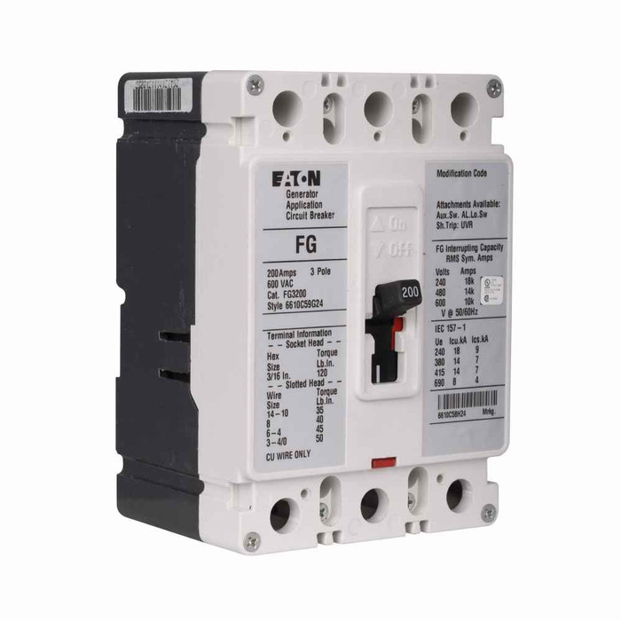 Eaton FG3200S01 Series C complete molded case circuit breaker, F-frame, FG, Fixed thermal and magnetic trips, Three-pole, 200A, 600 Vac, 18 kAIC at 240 Vac, 14 kAIC at 480 Vac, Line/load, 12-24 Vac/dc same side w/ left pigtail, Reverse, 60 Hz