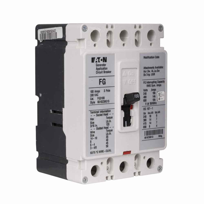Eaton FG3125S18 Series C complete molded case circuit breaker, F-frame, FG, Fixed thermal and magnetic trips, Three-pole, 125A, 600 Vac, 18 kAIC at 240 Vac, 14 kAIC at 480 Vac, Line/load, 12-24 Vac/dc rear w/ right pigtail, Reverse, 60 Hz