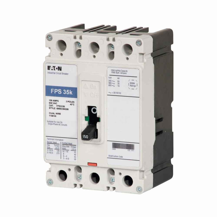 Eaton FPS3110W Definite purpose complete molded case circuit breaker, FP-frame, FP, Complete breaker, Thermal-magnetic trip, Three-pole, 110A, 600 Vac, 65 kAIC at 240 Vac, 35 kAIC at 480 Vac, 18 kAIC at 600 Vac, Without terminals, Definite purpose Eaton FPS3110W Definite purpose complete molded case circuit breaker, FP-frame, FP, Complete breaker, Thermal-magnetic trip, Three-pole, 110A, 600 Vac, 65 kAIC at 240 Vac, 35 kAIC at 480 Vac, 18 kAIC at 600 Vac, Without terminals, Definite purpose