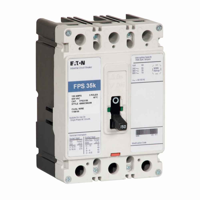 Eaton FPS3080W Definite purpose complete molded case circuit breaker, FP-frame, FP, Complete breaker, Thermal-magnetic trip, Three-pole, 80A, 600 Vac, 65 kAIC at 240 Vac, 35 kAIC at 480 Vac, 18 kAIC at 600 Vac, Without terminals, Definite purpose