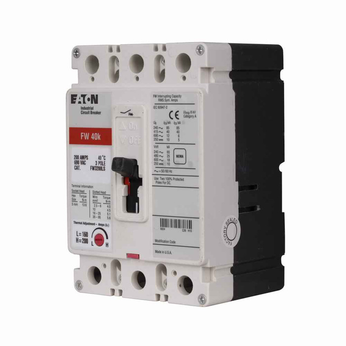 Eaton FW3200VL Series C complete molded case circuit breaker, F-frame, FW, Adjustable thermal, fixed magnetic trip, Three-pole, 200A, 690 Vac, 40 kAIC at 415 Vac, 35 kAIC at 480 Vac, 25 kAIC at 600 Vac, Line and load, 50°C, Feed-thru