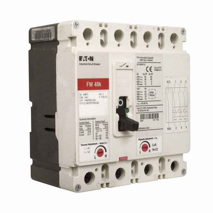 Eaton FWC3063JVWA0601 Series C complete molded case circuit breaker, F-frame, FWC, Adjustable thermal, adjustable magnetic trip, Three-pole, 63A, 690 Vac, 100 kAIC at 415 Vac, Without terminals, 1A-1B rear with 36 in right pigtail, 50°C, Feed-thru