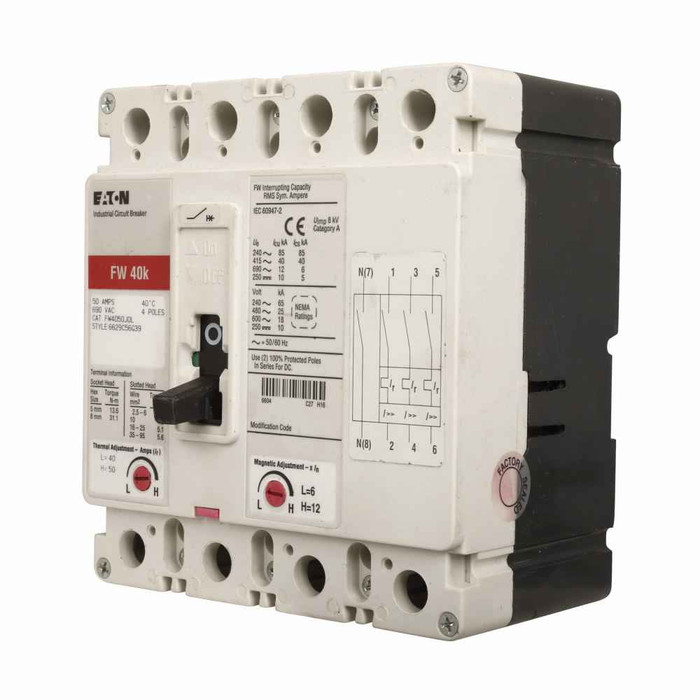 Eaton FW4050EL Series C complete molded case circuit breaker, F-frame, FW, adj. thermal, fixed magnetic trip, Four-pole, 50A, 690 Vac, 40 kAIC at 415 Vac, 35 kAIC at 480 Vac, 25 kAIC at 600 Vac, Line/load, Feed-thru, 100% protected neutral pole