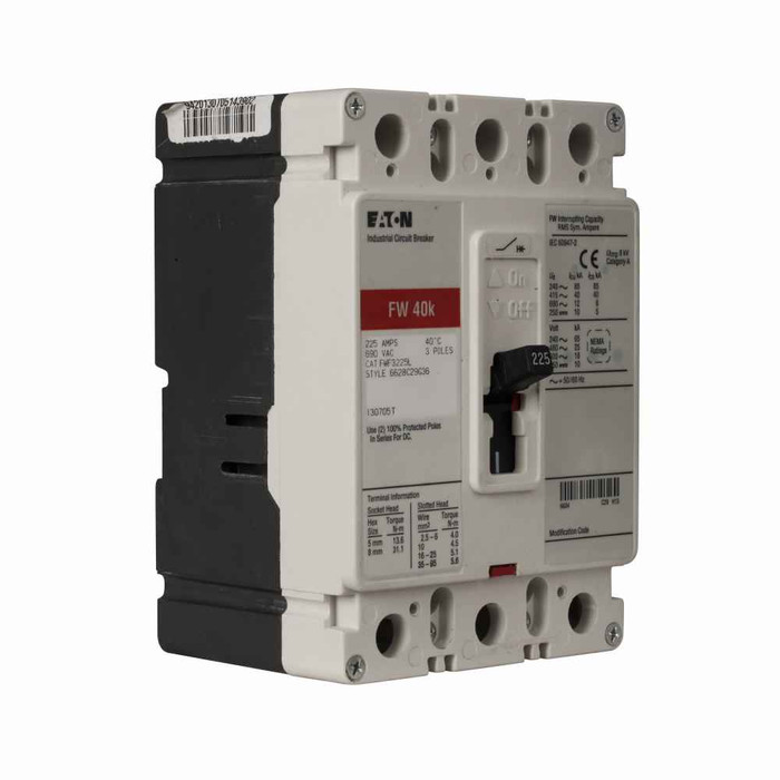 Eaton FWF3016VL Series C complete molded case circuit breaker, F-frame, FWF, Complete breaker, Fixed thermal, fixed magnetic trip type, Three-pole, 16A, 690 Vac, 40 kAIC at 415 Vac, Line and load, 50°C