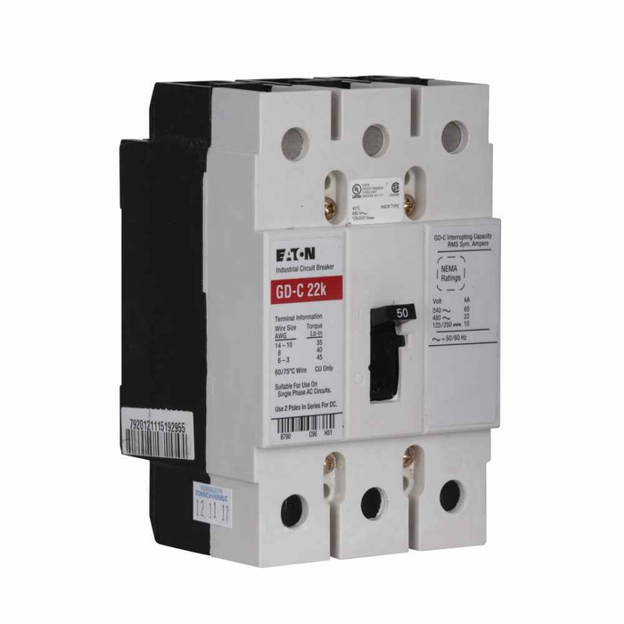 Eaton GD3050DV Series C complete molded case circuit breaker, G-frame, GD, Fixed thermal, fixed magnetic trip, Three-pole, 50A, 480 Vac, 125/250 Vdc, 65 kAIC at 240 Vac, 14 kAIC at 480 Vac, Line and load, 50°C, 50/60 Hz, Ring type, Ring type