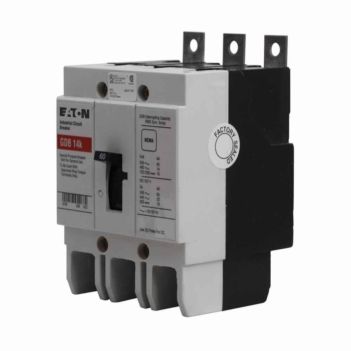Eaton GDB3080D Series C complete molded case circuit breaker, G-frame, GDB, Complete breaker, Fixed thermal, fixed magnetic trip, Three-pole, 80A, 480 Vac, 125/250 Vdc, 14 kAIC at 480 Vac, Line and load, 50/60 Hz, Ring type, Ring type