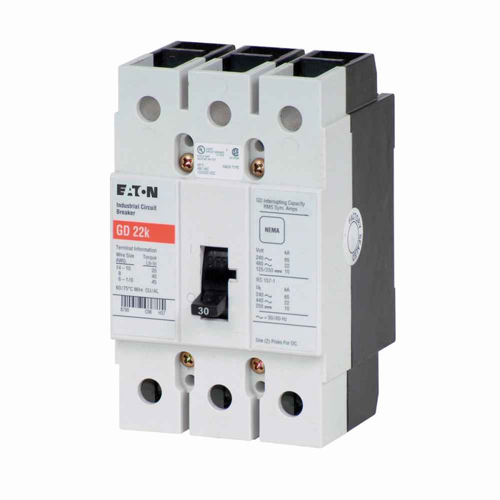 Eaton GD3030A3 Series C complete molded case circuit breaker, G-frame, GD, Fixed thermal, fixed magnetic trip, Three-pole, 30A, 480 Vac, 125/250 Vdc, 65 kAIC at 240 Vac, 14 kAIC at 480 Vac, 1A-1B with right pigtail, 50/60 Hz