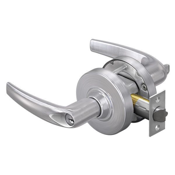 Schlage ALX53 Athens entrance lever lock, Grade 2 cylindrical, satin chrome finish (626), SFIC less core, shown with latchbolt and strike