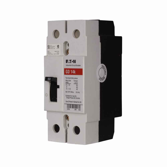 Eaton GD2025DA3 Series C complete molded case circuit breaker, G-frame, GD, Fixed thermal and magnetic trips, Two-pole, 25A, 480 Vac, 125/250 Vdc, 65 kAIC at 240 Vac, 14 kAIC at 480 Vac, Line/load, 1A-1B w/right pigtail, Ring type, Ring type