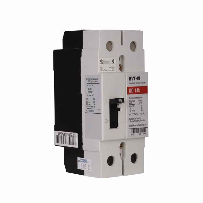 Eaton GD2030 Series C complete molded case circuit breaker, G-frame, GD, Complete breaker, Fixed thermal, fixed magnetic trip type, Two-pole, 30A, 480 Vac, 125/250 Vdc, 65 kAIC at 240 Vac, 14 kAIC at 480 Vac, 50/60 Hz