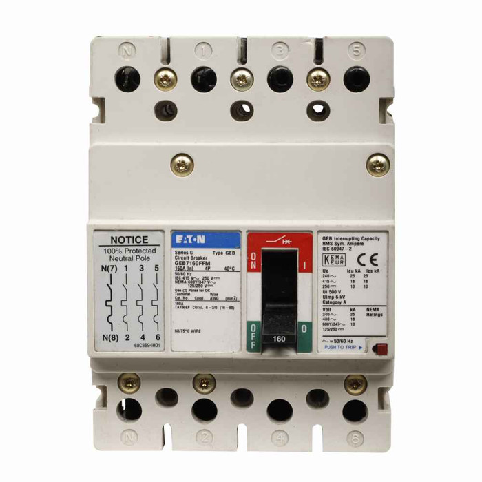 Eaton GEB7080FFM Series G molded case circuit breaker, EG-frame, GE, Fixed thermal, fixed magnetic trip, Four-pole, 80A, 480 Vac, 25 kAIC at 240 Vac, 18 kAIC at 415/480 Vac, Line and load end caps, Metric, 100% protected neutral pole