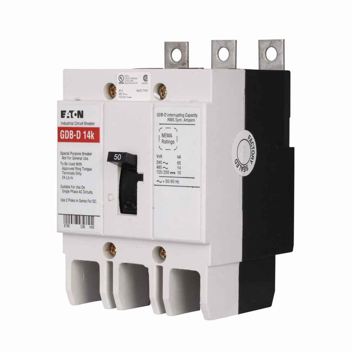 Eaton GDB3030D Series C complete molded case circuit breaker, G-frame, GDB, Complete breaker, Fixed thermal, fixed magnetic trip, Three-pole, 30A, 480 Vac, 125/250 Vdc, 14 kAIC at 480 Vac, Line and load, 50/60 Hz, Ring type, Ring type