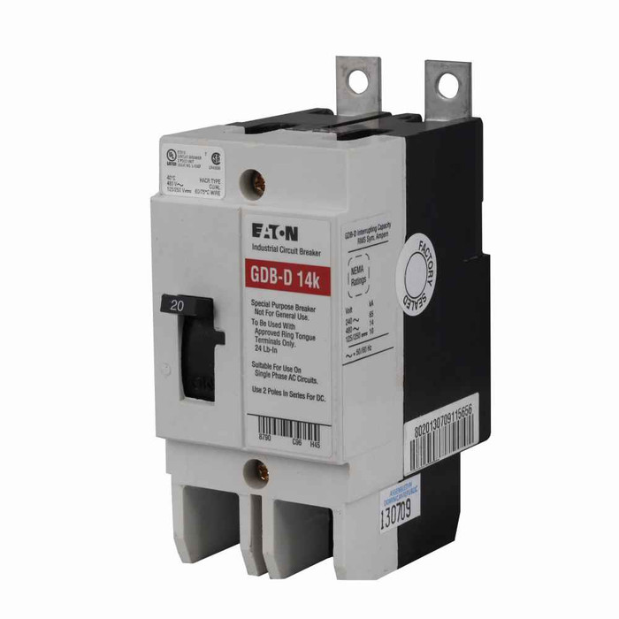 Eaton GDB2020D Series C complete molded case circuit breaker, G-frame, GDB, Complete breaker, Fixed thermal, fixed magnetic trip type, Two-pole, 20A, 480 Vac, 125/250 Vdc, 14 kAIC at 480 Vac, Line and load, 50/60 Hz, Ring type, Ring type