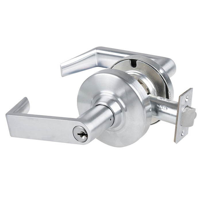Schlage ALX50 Rhodes Office Lock Grade 2 Cylindrical Keyed Lever Lock in 605 Bright Brass finish - angled view showing lever, rose, and latch assembly