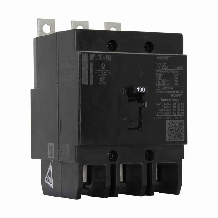 Eaton GHB3015A3 Series C complete molded case circuit breaker, G-frame, GHB, Fixed thermal, fixed magnetic trip, Three-pole, 15A, 480Y/277 Vac, 125/250 Vdc, 65 kAIC at 240 Vac, 14 kAIC at 480Y/277 Vac, 1A-1B with right pigtail, 50/60 Hz