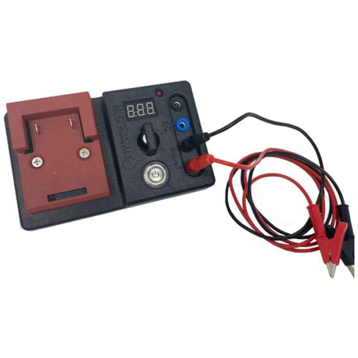 Command Access CAT Field Tester portable 12-24VDC power supply with DeWalt 20V battery adapter, alligator clip leads, LED voltage display, and toggle power button