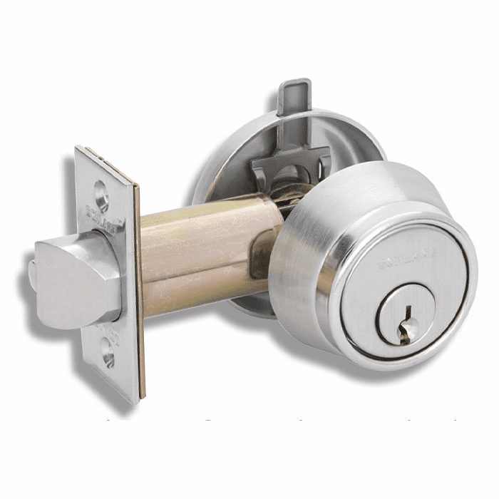 Schlage B250 Single Cylinder Deadbolt – exterior keyed cylinder and interior thumbturn shown, satin chrome finish, with latch bolt assembly