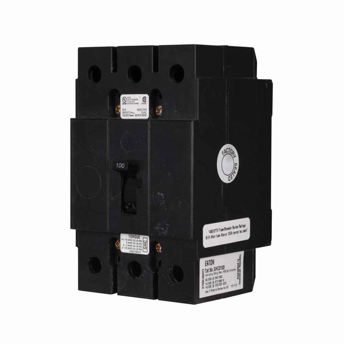 Eaton GHC3070S4 Series C complete molded case circuit breaker, G-frame, GHC, Fixed thermal, fixed magnetic trip, Three-pole, 70A, 480Y/277 Vac, 125/250 Vdc, 65 kAIC at 240 Vac, 14 kAIC at 480Y/277 Vac, 24 Vdc rear w/ left pigtail, 50/60 Hz
