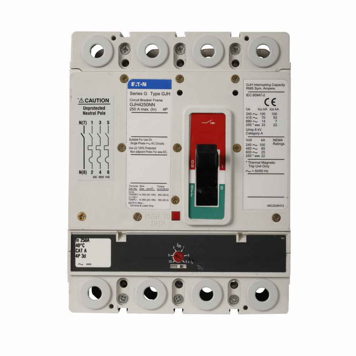 Eaton GJH425035M Series G JG-frame molded case circuit breaker, GJH type, 250A, 25 kAIC at 600V, 65 kAIC at 480V, 70 kAIC at 415V, 100 kAIC at 240V, Metric end cap imperial hardware, 310 LSG electronic trip