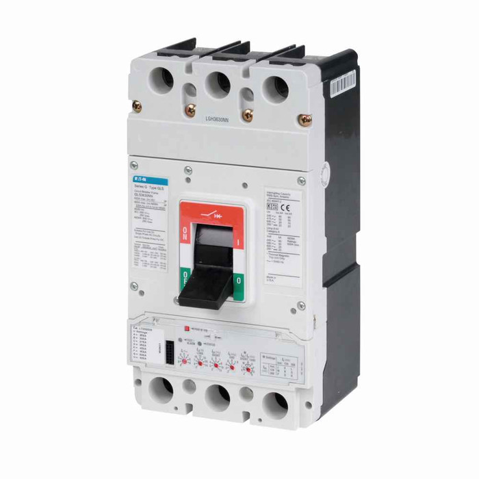 Eaton GLS3350FAM Series G molded case circuit breaker, LG-frame, GL, Fixed thermal, adjustable magnetic trip, Three-pole, 350A, 600 Vac, 85 kAIC at 240 Vac, 45 kAIC at 415 Vac, 50 kAIC at 480 Vac, 25 kAIC at 600 Vac, Line and load end caps, Metric