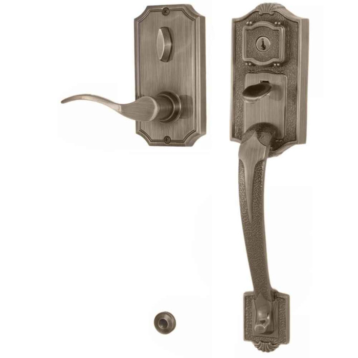 Weslock 1411 Colonial Handleset with Bordeau Lever and Deadbolt Keyed One Side in Antique Brass finish, shown as a complete exterior and interior set
