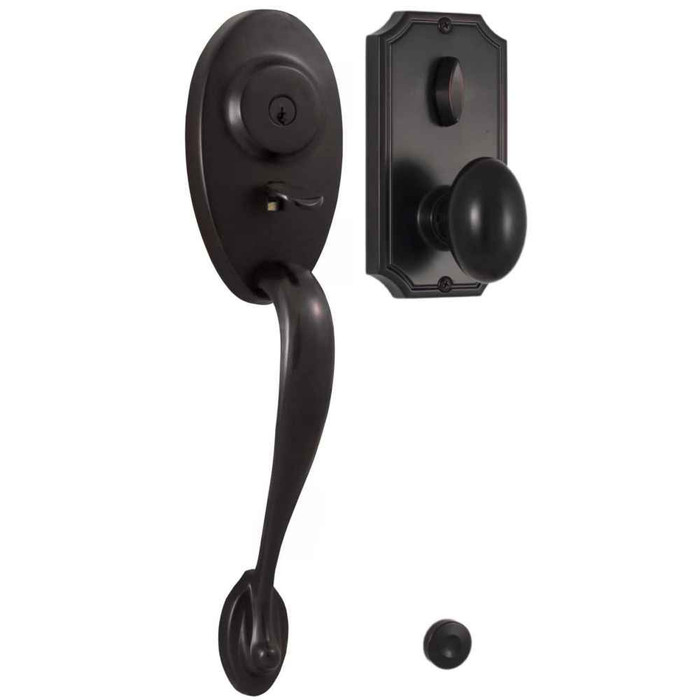 Weslock 1441 Lexington Handleset with Julienne Knob in Oil Rubbed Bronze – exterior handleset, deadbolt, and interior knob shown