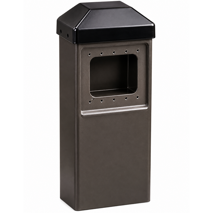 BEA 10BOLLARDBRZ Push Plate Bollard – Powder-Coated Carbon Steel, Bronze finish, accommodates 4.5" and 4.75" Square and 4.5" Round push plates, front view showing plate cutout and push bar