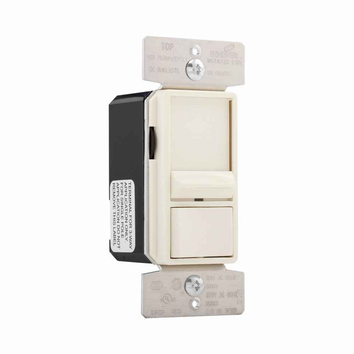 Eaton SF10P-A dimmer, No neutral required, #14 -12 AWG, Flush, 120/277 Vac, Back and side, Wire Leads, Maintained, Almond, 60 Hz, LED, Flourescent, Single-pole, Three-way, Single-phase, Polycarbonate, 1200/1660W 736865