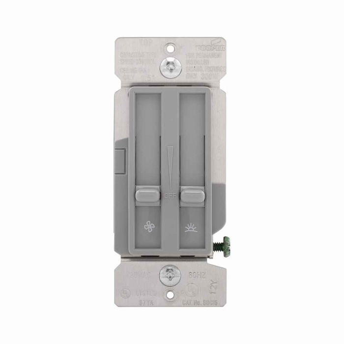 Eaton SDC15-GY dimmer and fan speed control, No neutral required, #14 -12 AWG, Flush, 120 Vac, Back and side, Maintained, Gray, 60 Hz, Incandescent, MLV, ELV, Fan, Halogen, Single-pole, Single pole, Single-phase, Polycarbonate, 300W 713019