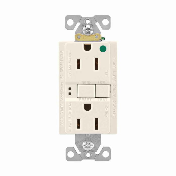 Eaton SGFH15LA hospital grade GFCI receptacle,Self-test,#14 - 10 AWG,15A,Residential,Commercial,Flush,125 V,GFCI,Back and side wire,Light almond,Brass,Receptacle,Nylon,5-15R,Two-pole, three-wire, grounding