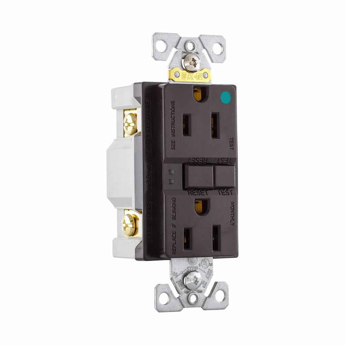 Eaton SGFH15B hospital grade GFCI receptacle,Self-test,#14 - 10 AWG,15A,Residential,Commercial,Flush,125 V,GFCI,Back and side wire,Brown,Brass,Receptacle,Nylon,5-15R,Two-pole, three-wire, grounding