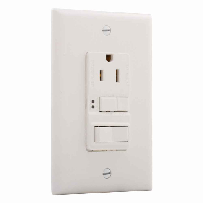 Eaton SGFS15W-MSP GFCI receptacle, 120 V Self-Test GFCI recept, Decorator compatible, #14 - #12 AWG, 15A, Commer, 125V, bk and sd wiring, togg, Maint closure, wht, Mid-size walplt, 60 Hz, 5-15R, -35-66?C, 1-pole, thermoplas, PVC, 1800W