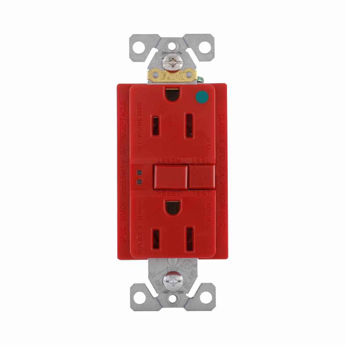 Eaton SGFH15FRD hospital grade GFCI receptacle,NAFTA compliant,Self-test,#14 - 10 AWG,15A,Residential,Commercial,Flush,125 V,GFCI,Back and side wire,Red,Brass,Receptacle,Nylon,5-15R,Two-pole, three-wire, grounding