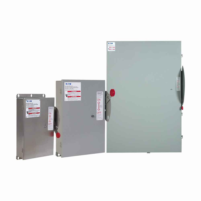Eaton STS366FP14 shunt trip safety switch, 600 A, Three-pole, 600 Vac, 250 Vdc, Alarm switch, 24 V, 1 NO 1 NC, NEMA 4, Painted steel, Fusible, 600 V