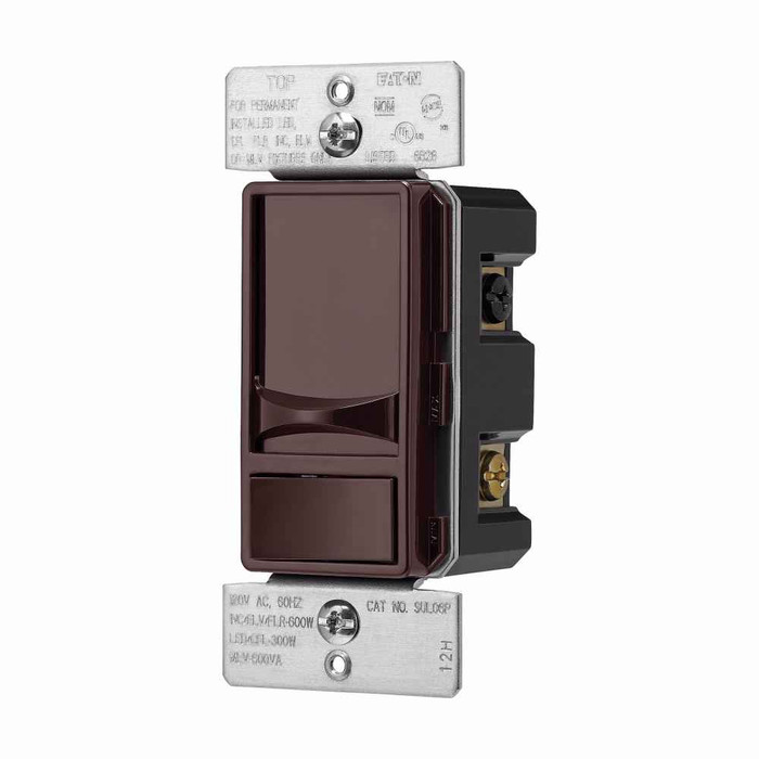 Eaton SUL06P-B slide dimmer, 300W LED-600W Halogen, #14 -12 AWG, Residential/ Light Commercial, Flush, 277V, Brown, 61 Hz, Mark 10 Flourescent, Single-pole, Three-way, 1,2,3+, Single-phase, Back and side wire, Polycarbonate, 300W - 600W 319175